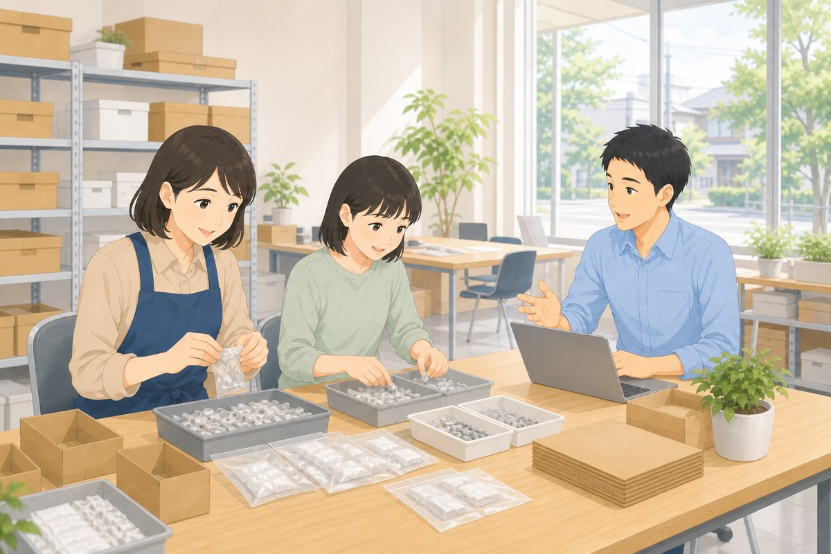 事業所で作業する利用者・スタッフと、打ち合わせをする企業担当者