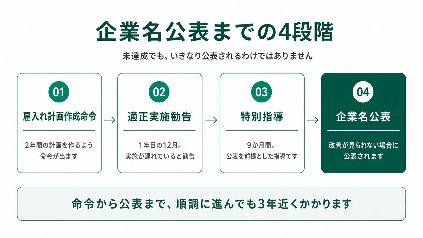 企業名公表までの4段階。01 雇入れ計画作成命令、02 適正実施勧告、03 特別指導、04 企業名公表。命令から公表まで、順調に進んでも3年近くかかる。