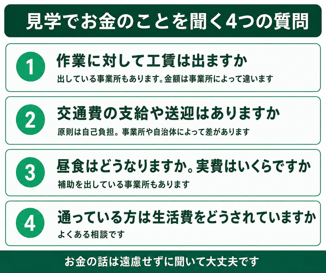 見学でお金のことを聞く4つの質問。1 作業に対して工賃は出ますか（出している事業所もあります。金額は事業所によって違います）。2 交通費の支給や送迎はありますか（原則は自己負担。事業所や自治体によって差があります）。3 昼食はどうなりますか、実費はいくらですか（補助を出している事業所もあります）。4 通っている方は生活費をどうされていますか（よくある相談です）。お金の話は遠慮せずに聞いて大丈夫です。